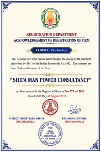 Form C — Acknowledgement of Registration of Firm for Shifa Man Power Consultancy, Register of Firms No. 379 of 2013, issued by the Registrar of Firms, Tiruchirapalli, Government of Tamil Nadu